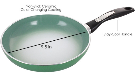 The amazing color-changing ceramic pan is like kitchen magic. At room temperature, it looks like an ordinary green sauté pan. But as the temperature rises on a hot stove, watch the color disappear and change to white right before your eyes!
