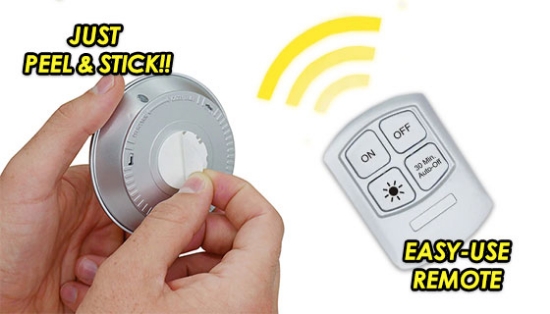 Add lighting all around your home in seconds with the One Click LED Light Kit! This complete kit comes with 3 LED lights and 1 RF remote so you can turn all of them on with just 1 click up to 80 feet away.