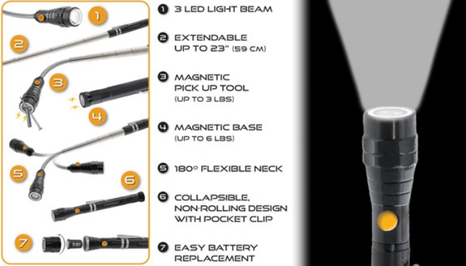 Here's a flashlight that is simple to use and still loaded with features. Not only do you get a powerful LED flashlight, but also a magnetic pick-up tool and portable lamp.