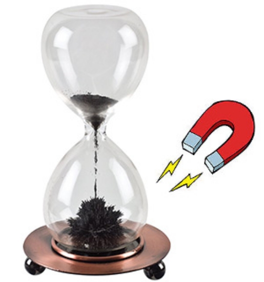 Watching time fly by has never been so fun! The magnetic sand timer is a great desk diversion. Watch as the iron fillings flow through the hourglass, only to collect and form random patterns on the magnetic base.